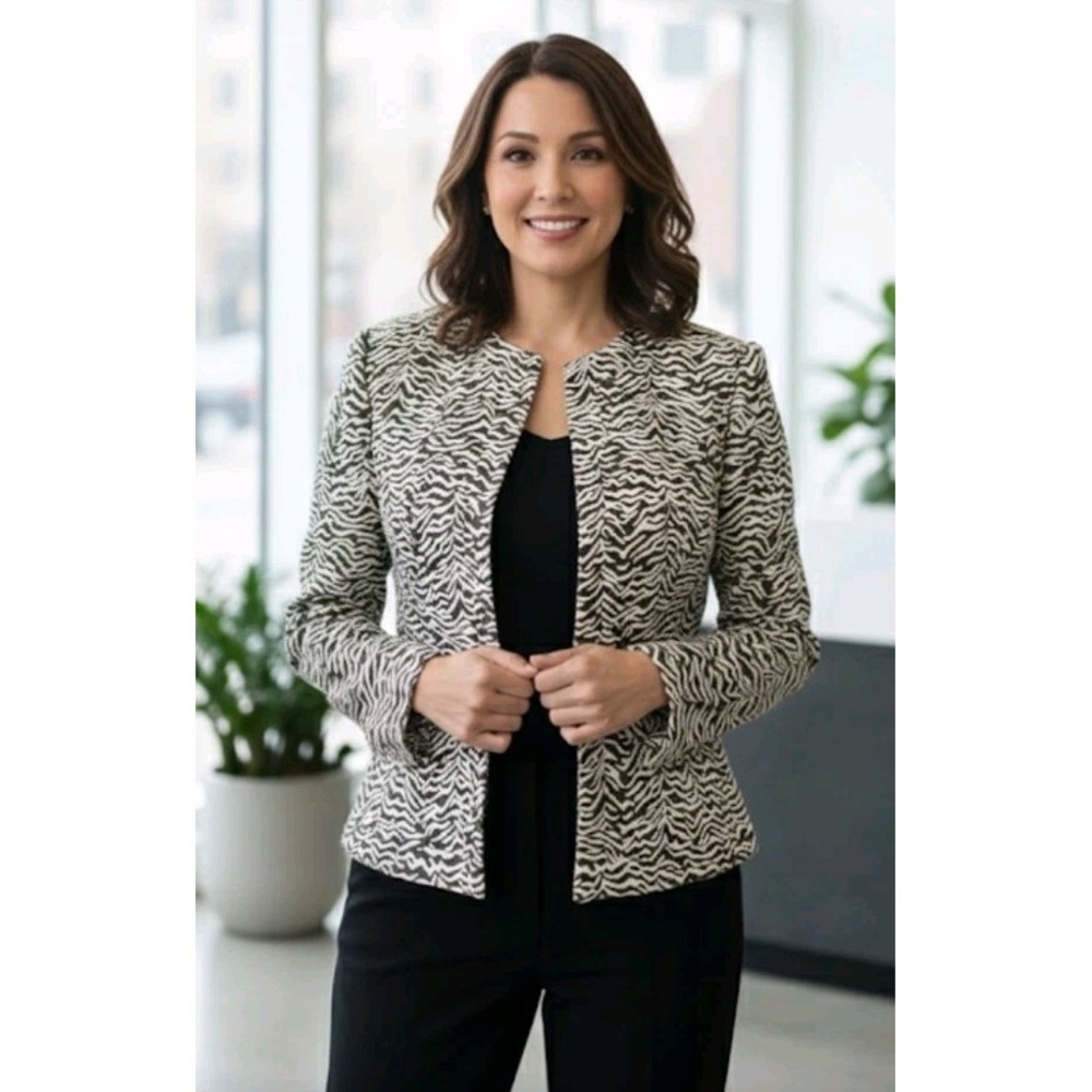 Dana Buchman Womens Zebra Print Blazer 2 Brown Beige Jacket Cotton Blend